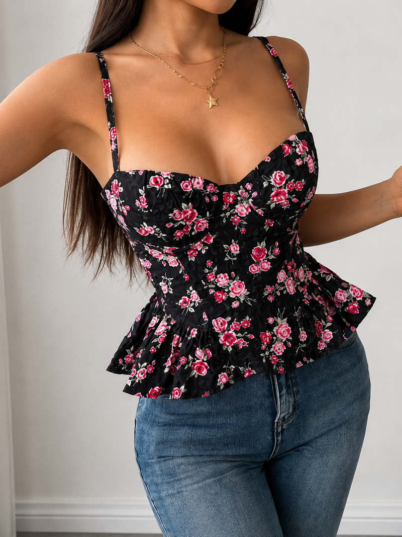 The Rosette Corset – Floral Print Peplum Bustier Top with Spaghetti Straps